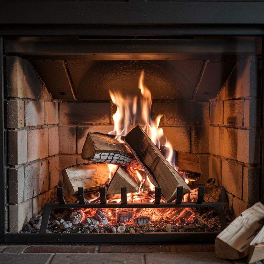 Płonący kominek z jesionem