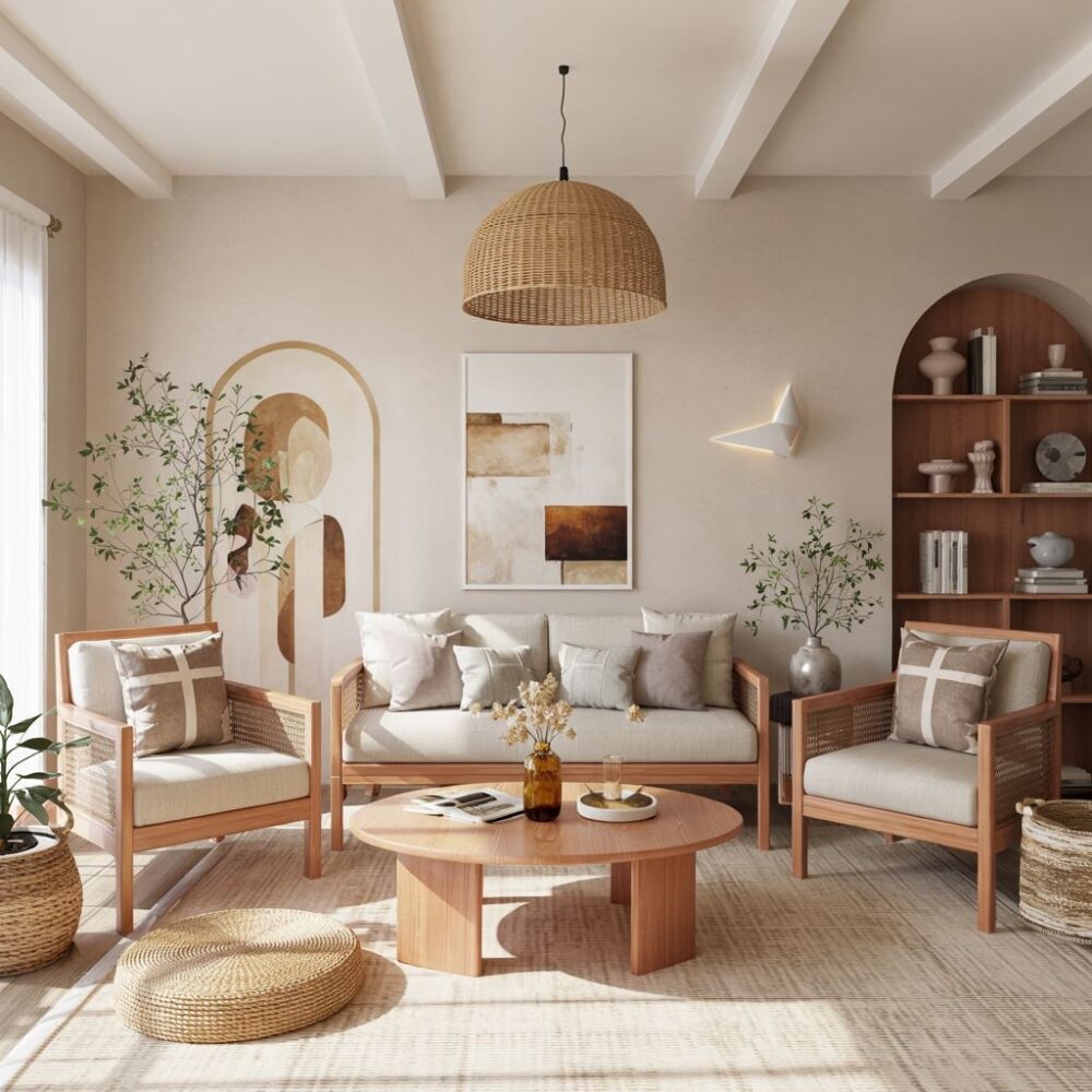 beżowe ściany z drewnianymi meblami