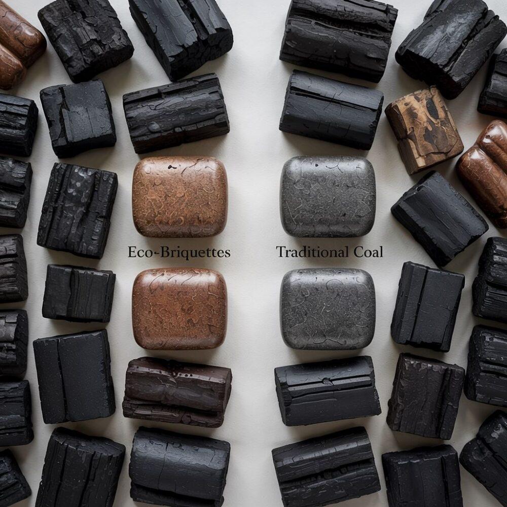 brykiet ekologiczny na tle węgla