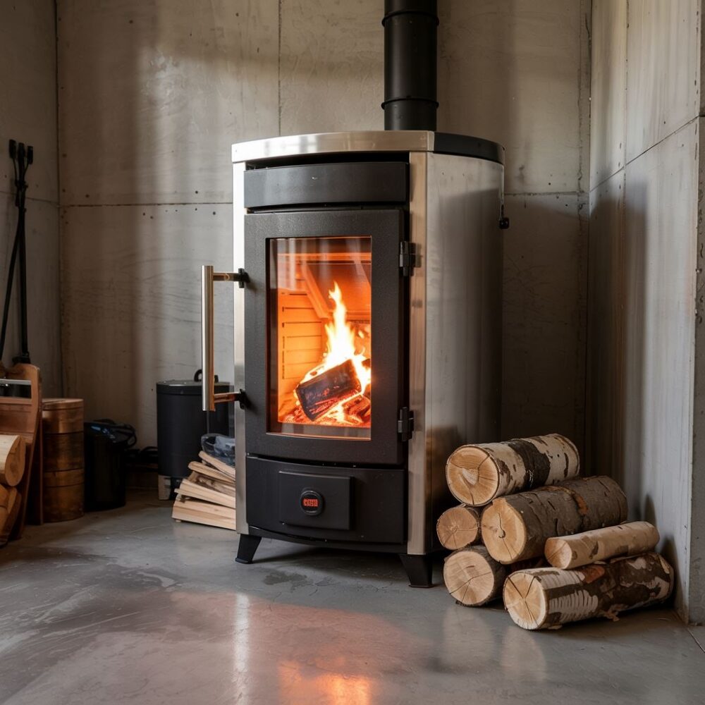 dodawanie drewna do pieca