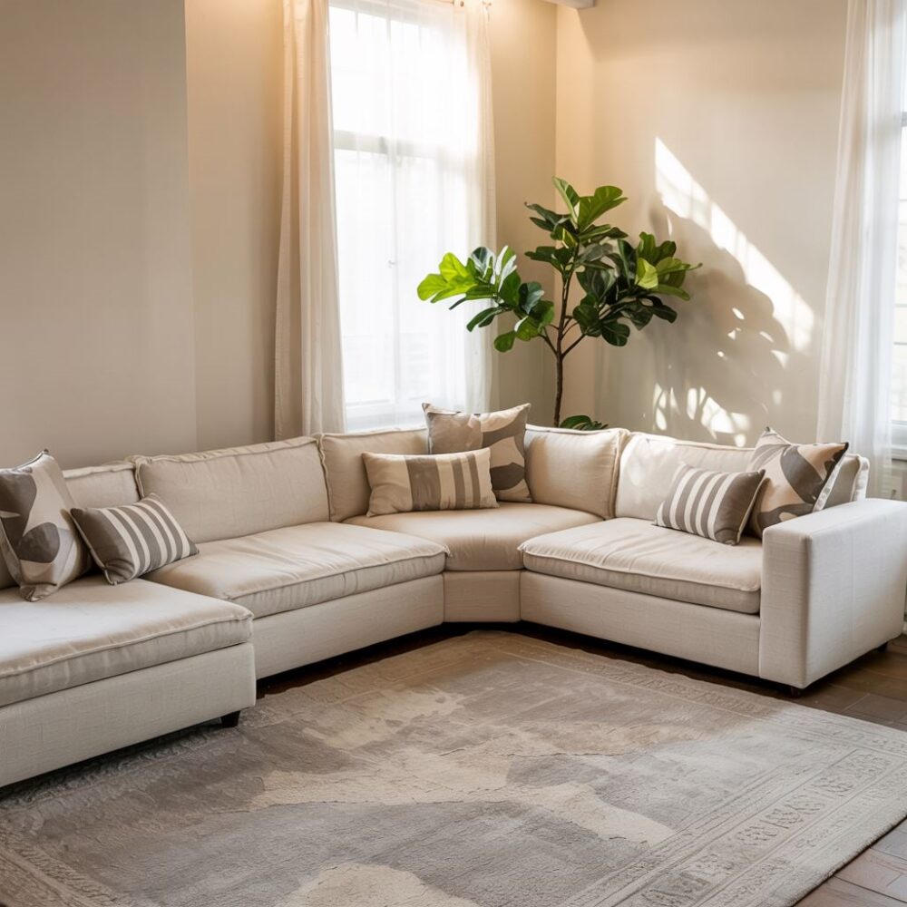 jasnoszare ściany przy drewnianych meblach