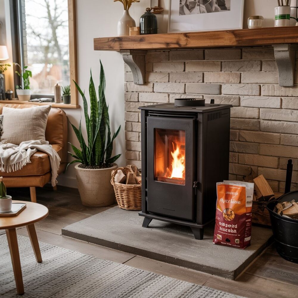 piec na pellet w salonie