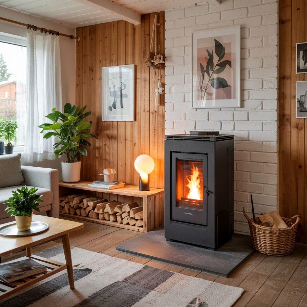 piec na pellet w salonie