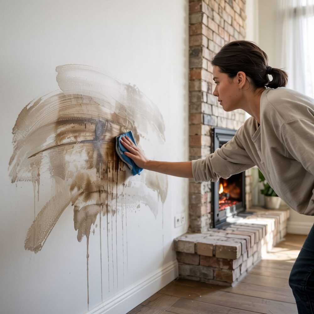 plamy na ścianie przy kominku