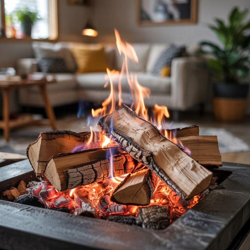 płonący kominek z akacją