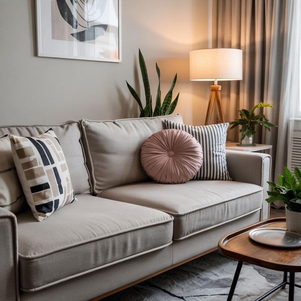 poduszki musztardowe na szarej kanapie