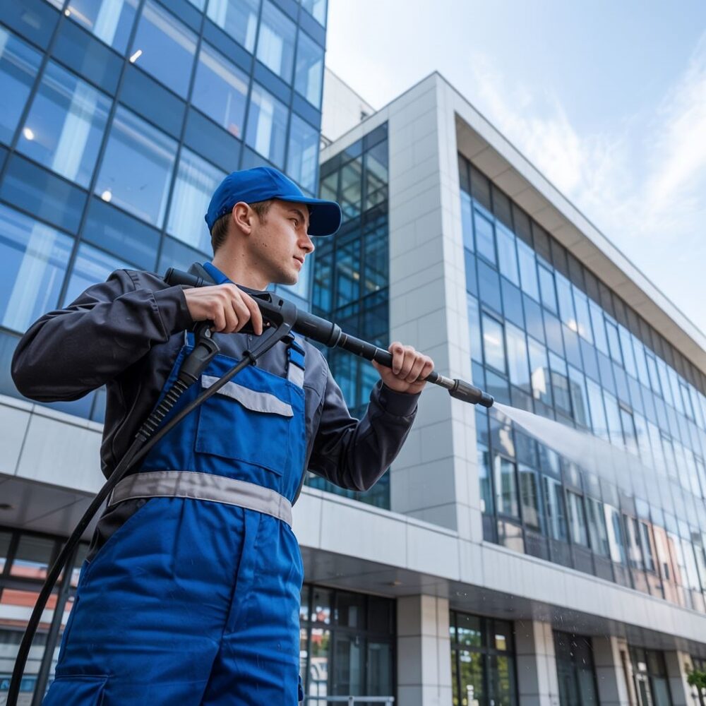 pracownik z myjką ciśnieniową