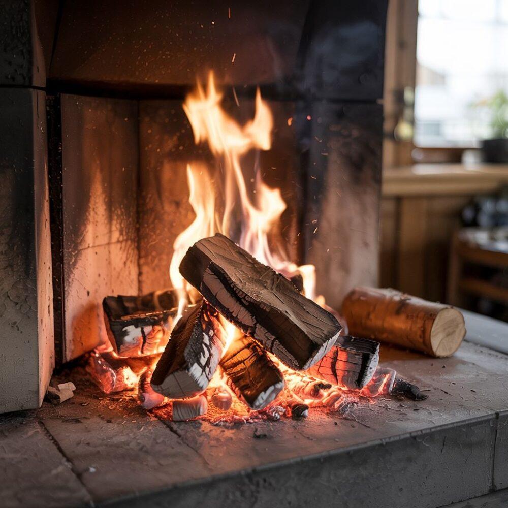 rozpalony kominek z brykietem