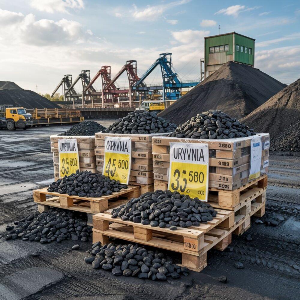 stos węgla z flagą Ukrainy