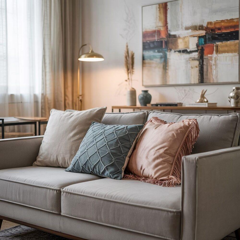 szara kanapa z kolorowymi poduszkami