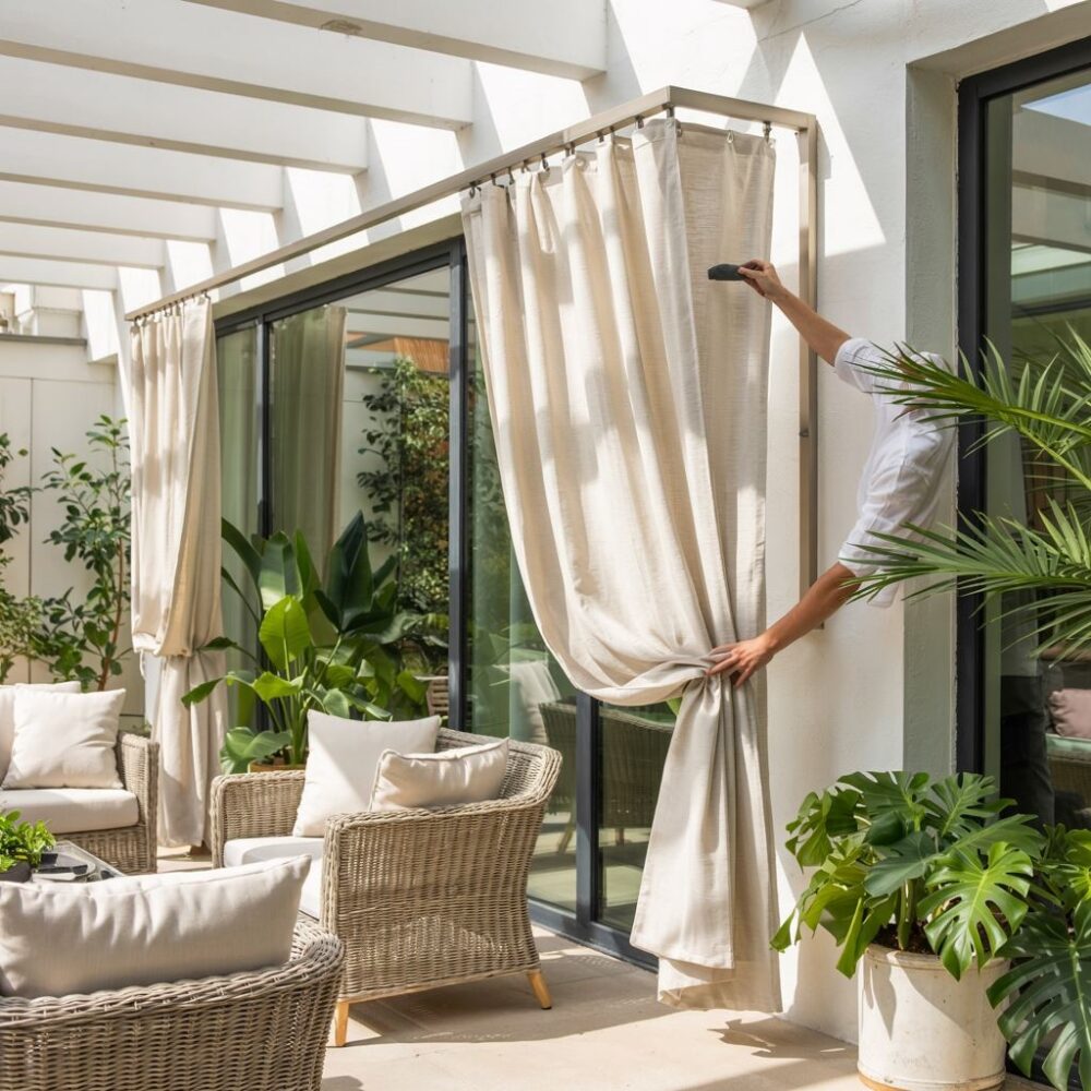 taras z zamontowanymi zasłonami