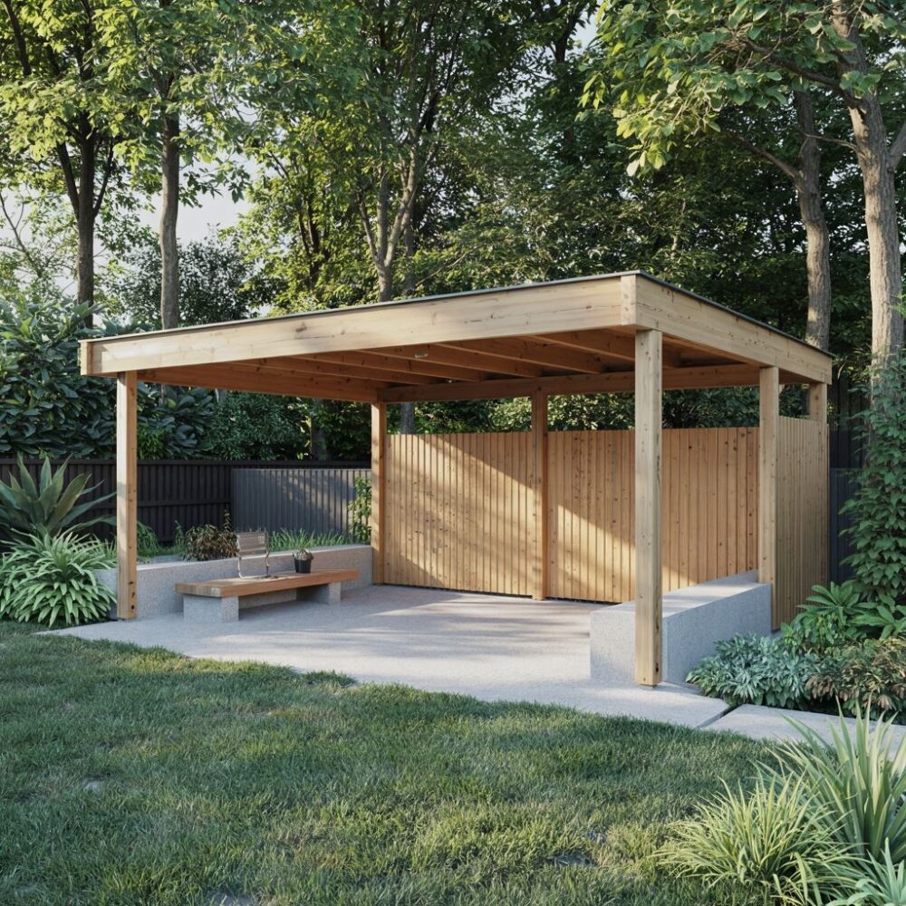 wiata z drewnianymi ścianami